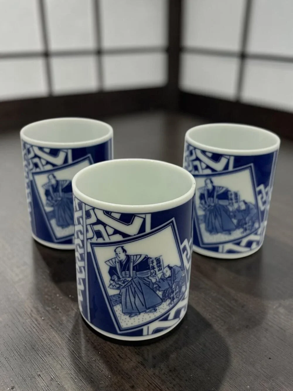 Set of 3 Vintage Japanese Blue & White Yunomi Tea Cups Sumo Wrestler Porcelain